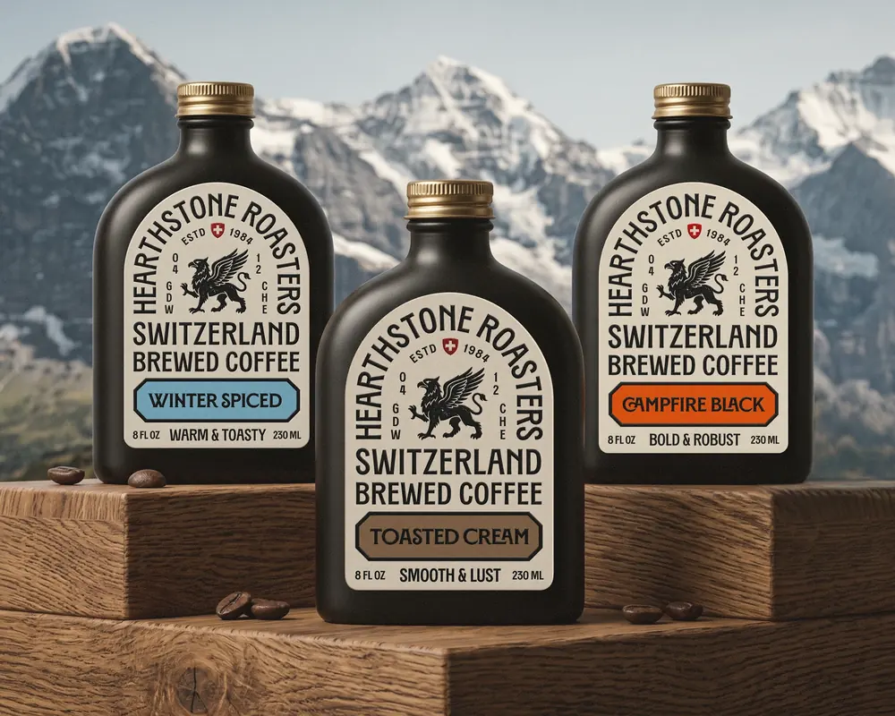 Hearthstone Roasters cold brew coffee bottles in front of the Alps