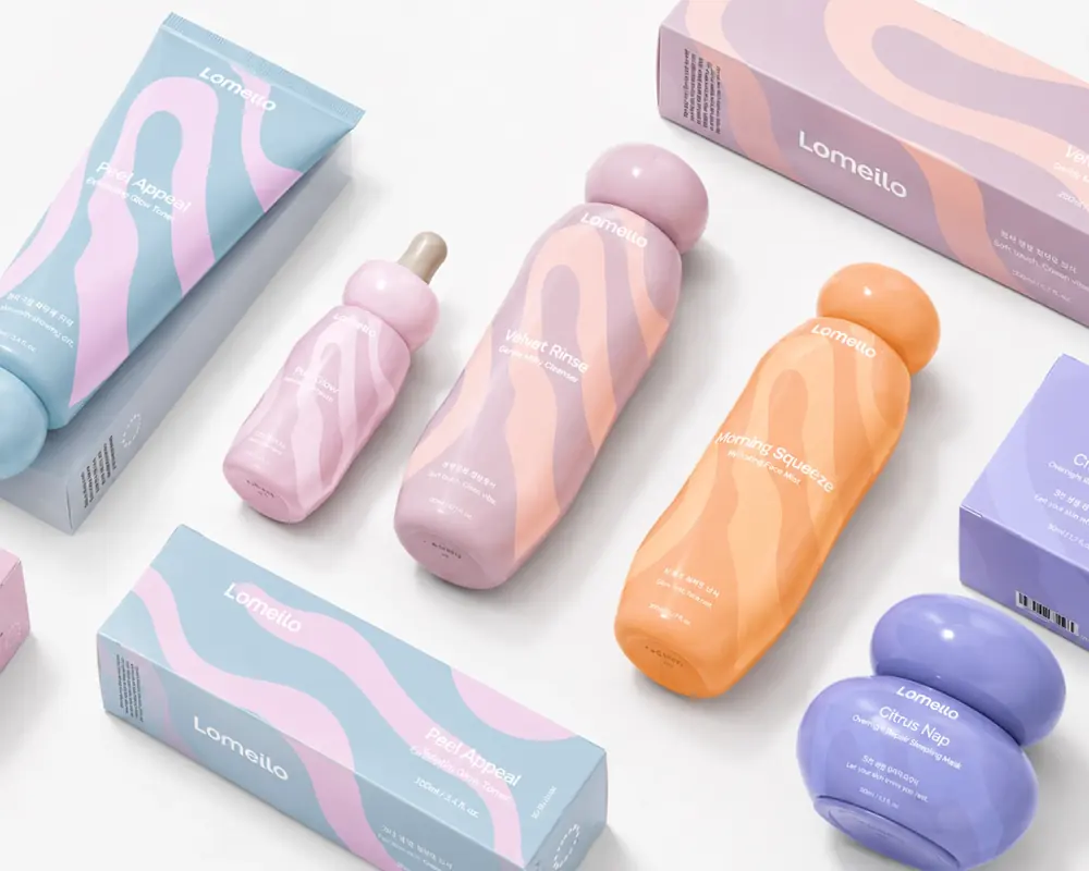 Lomello pastel skincare range with a wavy pattern