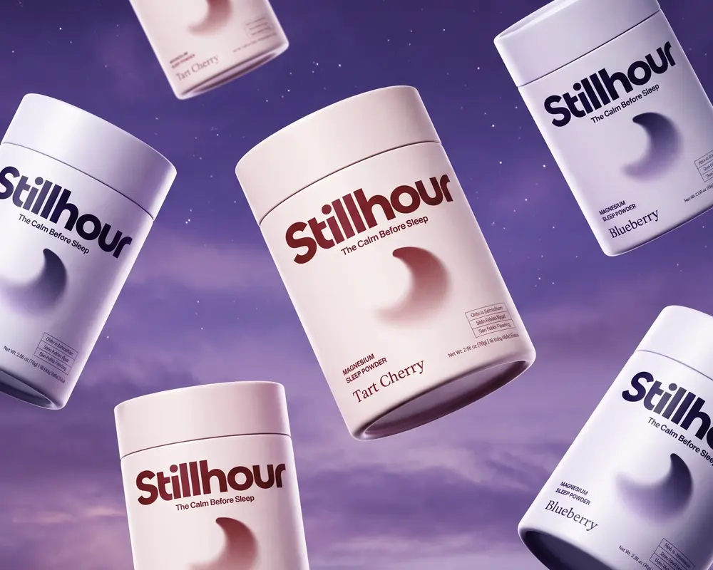 Stillhour sleep supplement jars floating in a night sky